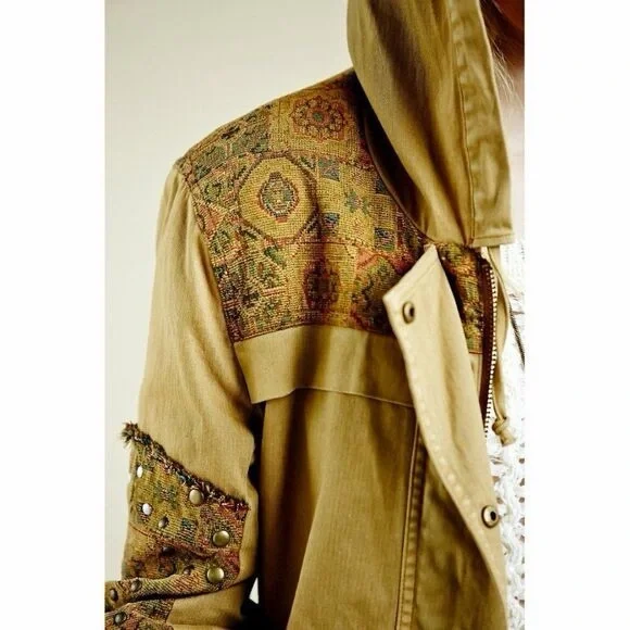 Free People Olive Patched Tapestry Drawstring Utility Jacket Size Large - Picture 2 of 16